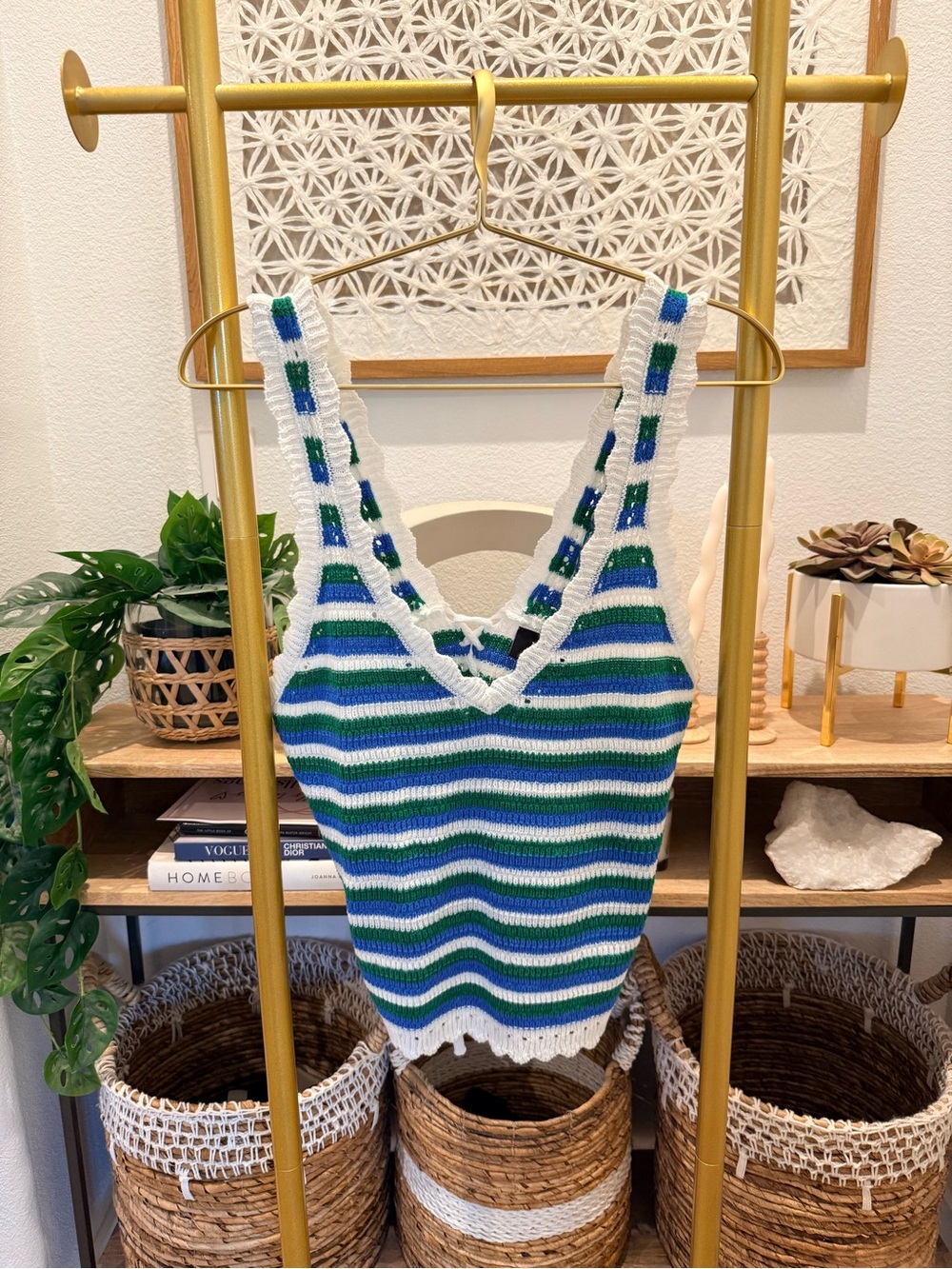 Vici Striped Knit V-Neck Tank Top in Blue, Green & White